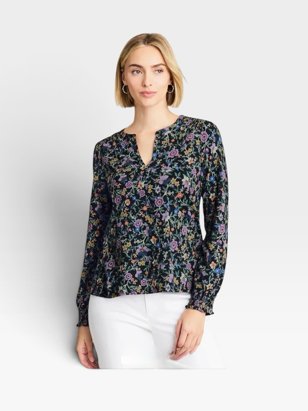 J Jill Navy Smoked Floral Jersey Top V-Neck Long Sleeve Cottage Prairie M Tall